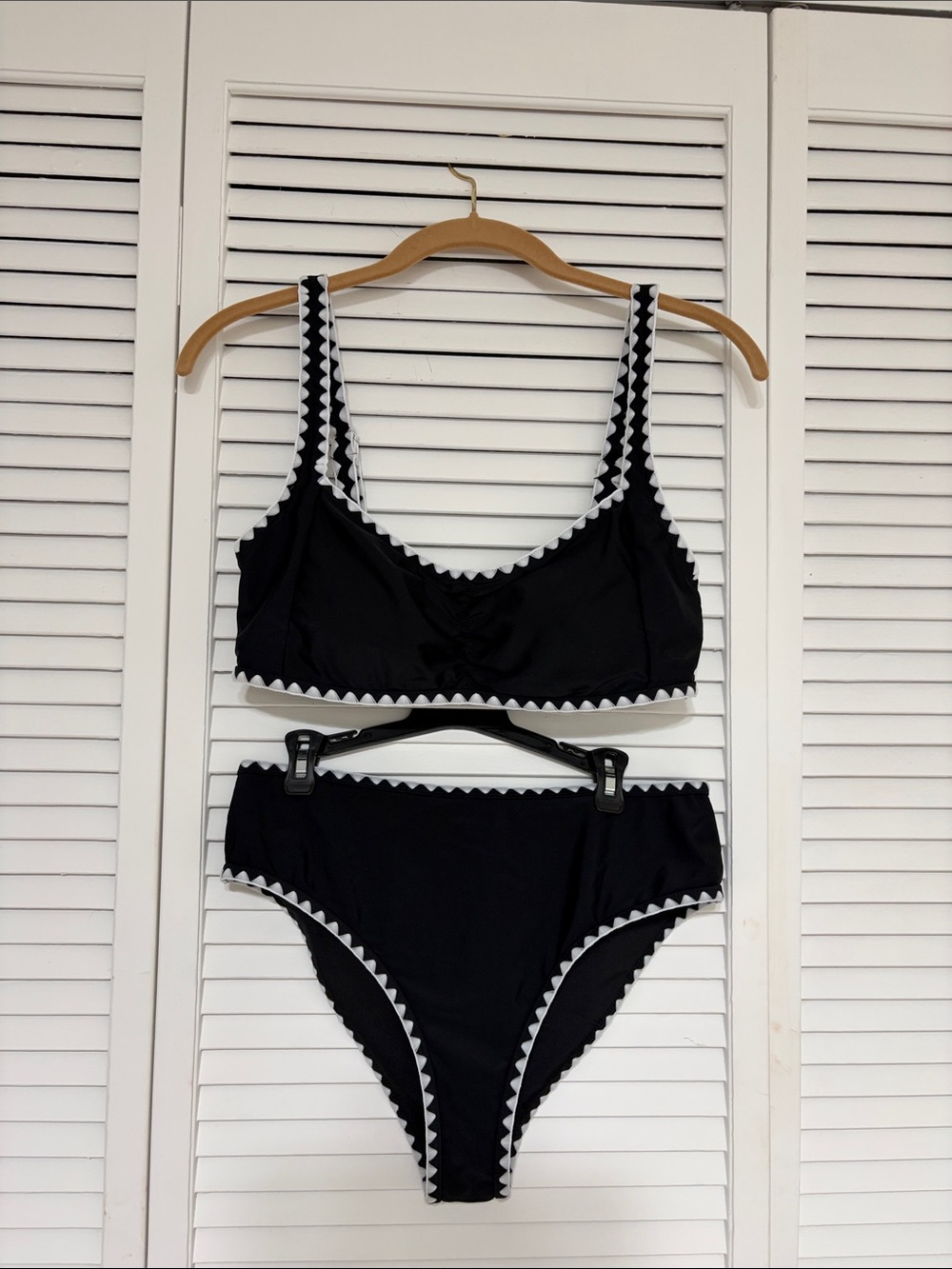 Black High-Waist Bikini with White Scallop Trim - Women Swim